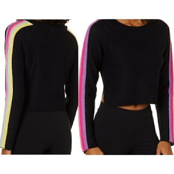 NEW NWT PLANET GOLD Plus Size Black Rainbow Shoulder Stripe Crop Cropped Sweater - Picture 1 of 14